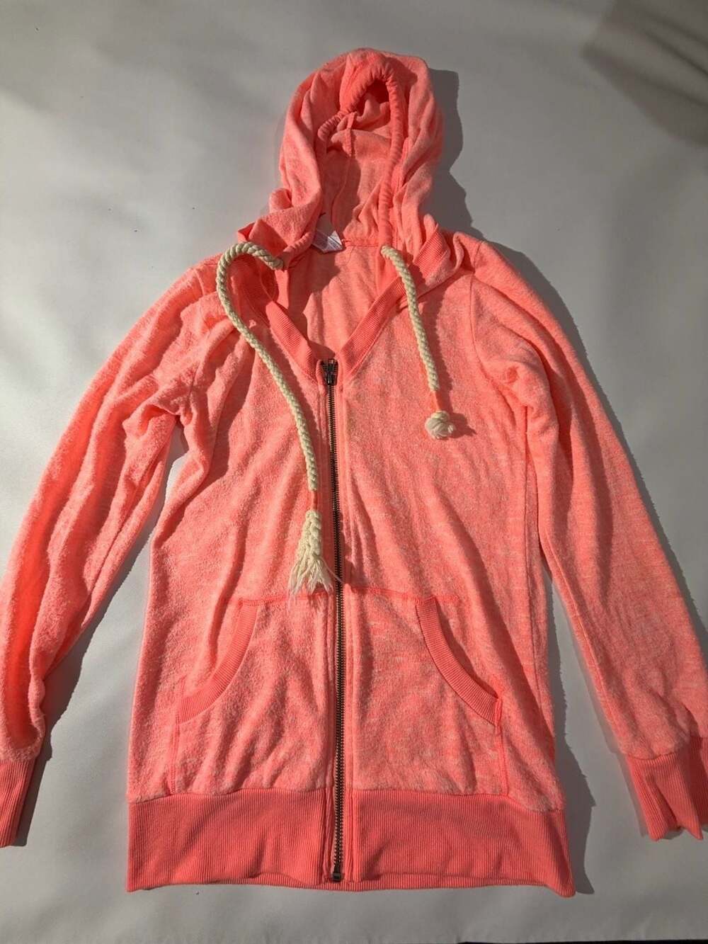 No Boundaries Womens M Neon Coral Zip Hoodie Rope Drawstring